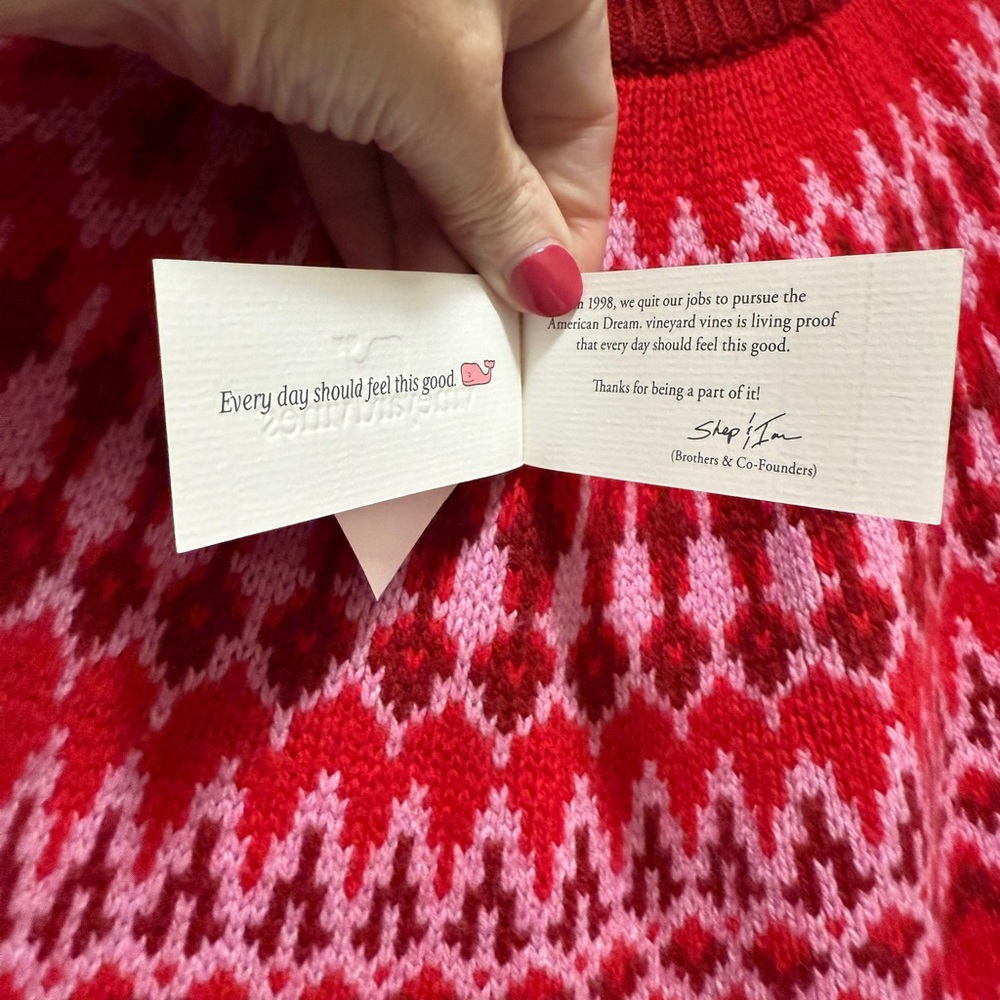 Size SMALL Vineyard Vines Red & Pink Fair Isle Wool Sweater, Nordic Crewneck NWT - Picture 6 of 9